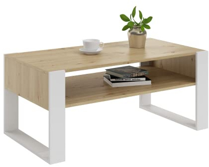 MATKAM Couchtisch KAJA H50 x B100 x T53,6 cm Loft Retro, offene Ablage unter der Tischplatte, Kufenbeine (Artisan Eiche Weiß)
