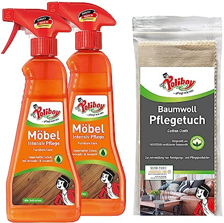 Poliboy Soin intensif pour meubles – Produit d'entretien pour bois laqué – Entretien du bois protecteur et rafraîchissant – Couleur neutre – 2 x 375 ml de spray avec chiffon en coton – Fabriqué en