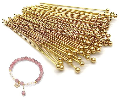 DHER Kopfstifte für DIY Eyepins Schmuckzubehör Kopfstifte Schmuck 100 Stück 40mm Edelstahl Perlennadel 0.6mm Fadendurchmesser Rundkopfnadel Perlenfädeln Perlenkopfnadel Titanstahl Schmucknadel (Gold)