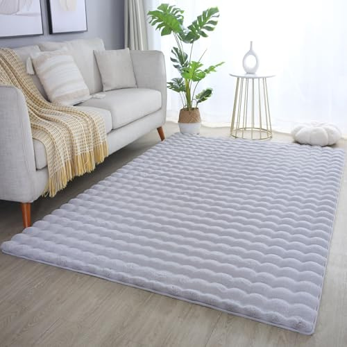 Carpetsale24 Teppich 160x230 cm Silber, Flauschiger Teppich in Felloptik mit Hoch-Tief Struktur & Bubble-Design, Super Weich, Plüschig, Ideal für Wohnzimmer & Schlafzimmer