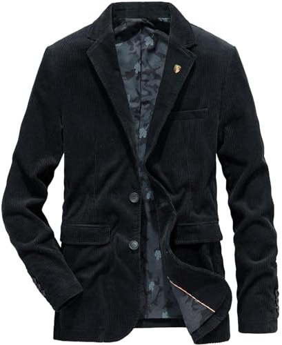 Veste de Costume pour Homme avec Poche en Velours côtelé uni, Veste à Revers en Velours côtelé, Veste de Transition Vintage, Veste cintrée, Manteau Chaud d'extérieur,Noir,L
