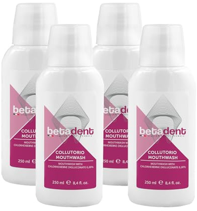 Betadent KIT 4 COLLUTORIO CON CLOREXIDINA 0,20%. Contrasta placca, carie, gengiviti. Ideale in caso di gengive irritate e infiammate e in seguito a trattamenti odontoiatrici chirurgici. 4x250 ml