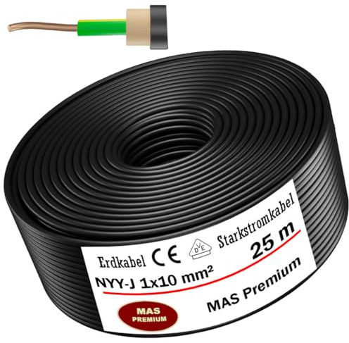 MAS Premium 5-100m Erdkabel Starkstromkabel NYY-J 1x4, 6, 10, 16 oder 25 Elektrokabel OFC Ring zur Verlegung im Freien, Erdreich (NYY-J 1x10 mm², 25m)