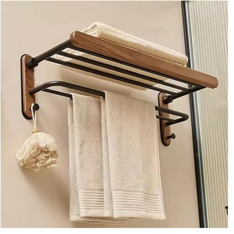 Rustikaler Handtuchhalter aus Holz für das Badezimmer, doppelter Handtuchhalter mit Haken, an der Wand montierter Handtuchhalter, faltbares Handtuchregal, rostfreies Badezimmer, Toilette, Ba