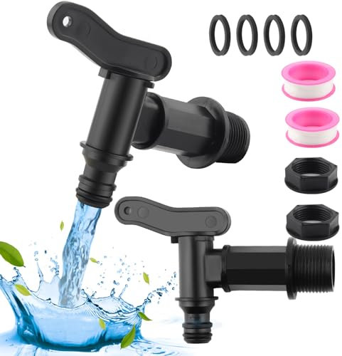 YiJiuBa 2 Stück Auslaufhahn für Regentonne, 3/4 Zoll Kunststoff Ersatzhahn, Wasserhahn für Regentonne mit Dichtung Kontermutter Dichtband für Regeneimer, Tank, Gartenarbeit (Schwarz)