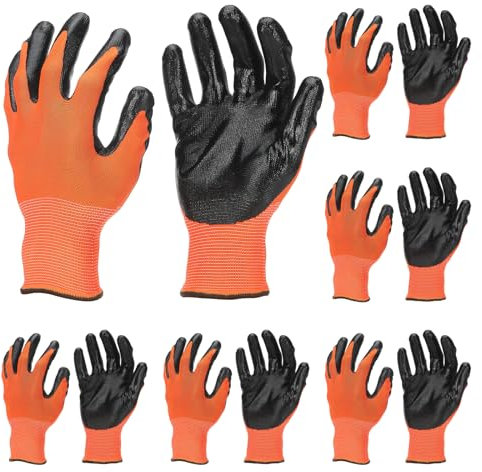 PATIKIL Safety Work Gloves Nitrile Coated, 6 Pair Non-slip Gardening Gloves Seamless Knit Working Gloves with Grip for Women Men Warehouse, Orange Red, Large Size