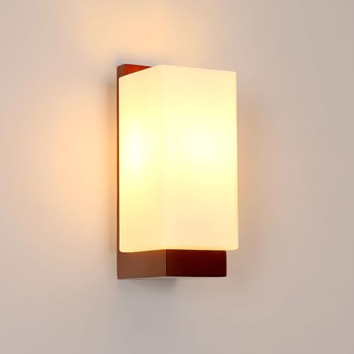 DELIPOP Wandleuchte Holz Innen, Vintage Wandlampe Innen mit E27 Fassung, Weiß Lampenschirm aus Glas Wandbeleuchtung für Wohnzimmer Schlafzimmer Flur