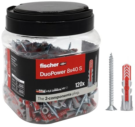 Fischer Propack Duopower 8x40, 120x Tasselli con Vite in Barattolo Riutilizzabile, per Fissaggio su Cemento, Muratura e Cartongesso, 572886