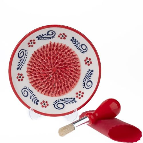 Plato rallador de ajo de cerámica, prensa hecha a mano, 4 piezas, molinillo natural, picadora decorativa, jengibre, rallador de queso, plato de mano (rojo manzana)