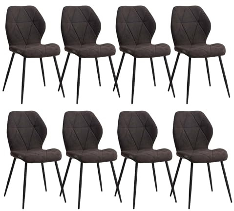 DEYARNA HOME Set med 8 moderna matsalsstolar, vadderade köksstolar, linnematstolar med metallben (svart, diamantmönster)