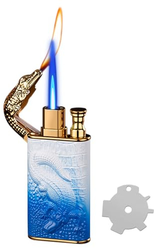 CYJBAO Jet Lighter - Dual Flame (Jet & Soft) Stylish Embossed Craft, with Adjusting Flame Tool, Windproof Refillable Butane Lighter, for Men & Women(Without Butane)-Blue White