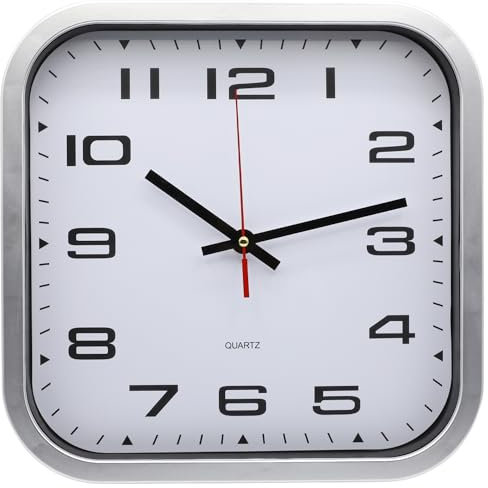 TECHZOCO Reloj de Pared, Apto para Oficina, Cocina, Dormitorio, Movimiento Cuarzo silencioso, Reloj Decorativo, Marco Plateado Esfera Blanca, Diseño Cuadrado, 27.5 cm