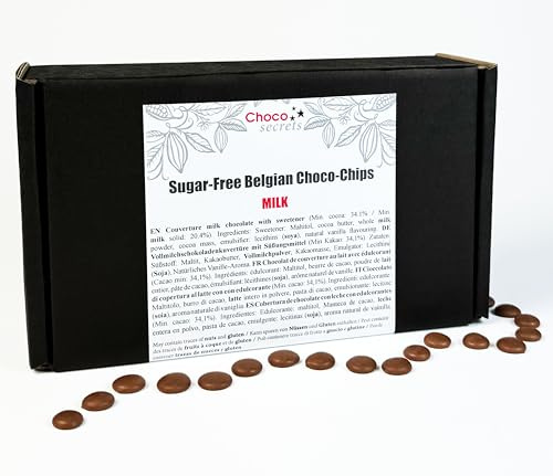 CHOCO SECRETS Vollmilch Schokodrops 600 g ohne Zuckerzusatz mit Maltit | Milk Chocolate Chips, gesüßt mit Maltit - Schokolade für Schokobrunnen und Schokofondue, zum Backen, Naschen und für Desserts