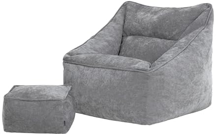 Icon Natalia Chenille Sitzsack Sessel und Hocker mit Füllung, Grau | In Deutschland Hergestellt, Sitzsack Erwachsene, Weich Chenille Stoff, Bequemer Sessel für Schlafzimmer und Wohnzimmer