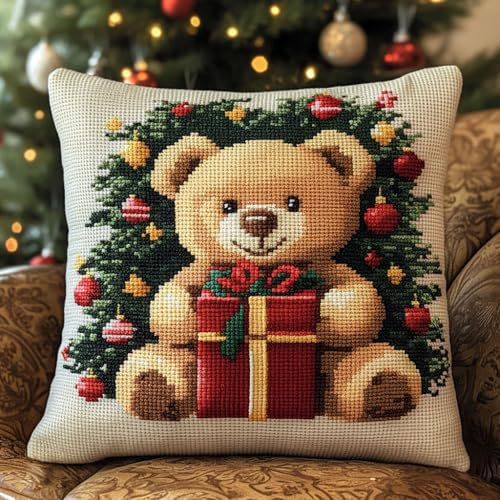 AMBATTERY Punto Croce da Ricamare Cuscino, Simpatico orsetto di Natale Ricamo Cuscino Punto Croce per Principianti 45x45cm Prestampato Set per Cuscino Punto Croce Cuscino Punto Croce Fai da te