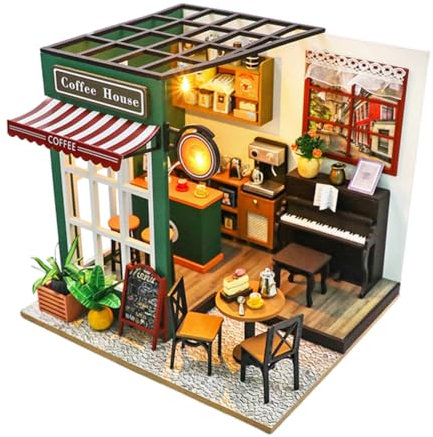 Kit de bricolage miniature pour maison de poupée - Coffeeshop - Jeu de rôle - Modèle de maison de poupée - Kit de construction pour un café en bois - Maison miniature avec meubles et accessoires - Kit