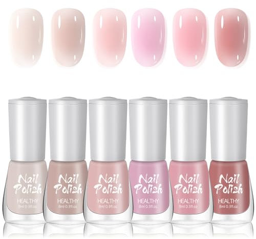 Jelly Nail Polish Set - 6Pcs Transparent Nude Pink Nail Varnish - Quick Dry Sheer Milky White Nude Pink Nail Gel - Crystal Nail Varnish No Bake Nail Paint for DIY Nail Art at Home