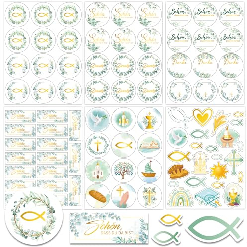 HOWAF 24 Bögen-356pcs Aufkleber Kommunion Konfirmation Taufe, Fisch Eukalyptus Aufkleber Schön dass du da bist, Sticker Kommunion Danke für Erstkommunion Taufe Konfirmation Deko