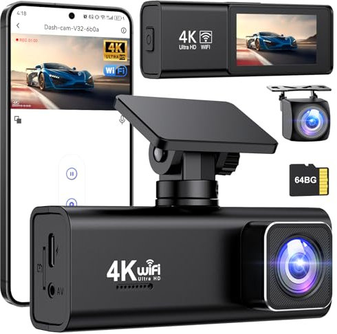 SAVUSCAM Dash Cam 4K + 1080P, WiFi Dash Cam Front and Rear, 64GB SD Card Included, Dual Car Camera Dashcam with Night Vision, WDR, 170° Wide Angle, G-Sensor, App Control, Loop Recording