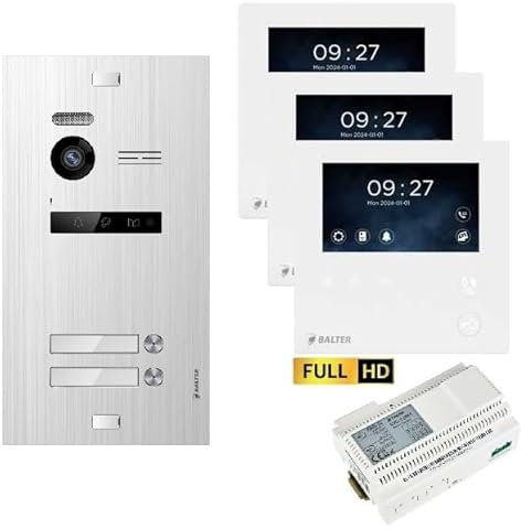 Balter EVO HD Video Türsprechanlage 2 Teilnehmer Silber 3x Mini HD Monitor 2-Draht BUS Komplettsystem