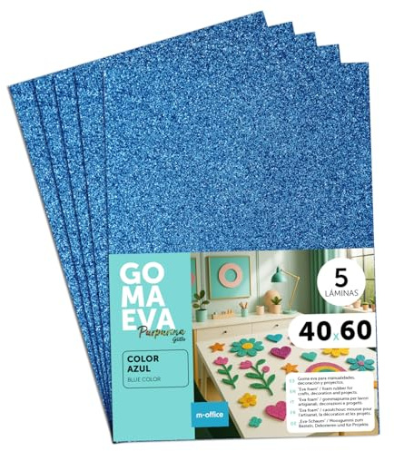 Moosgummi Platten mit Glitzer 40x60cm, Bunte EVA Foam Bastelplatten für Kinder, DIY, Schule, Deko & Kunstprojekte – Ideal als Bastelpapier, Moosgummi mit Glitzer – m-office (Blau, 5 uds)