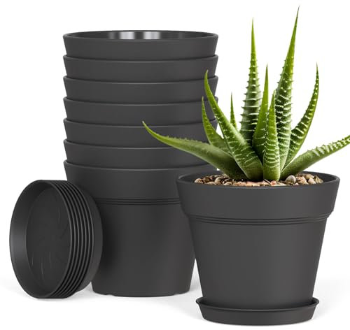 Plastic Plant Pots Indoor, 8 Pack 4Inch/10CM Small Plant Pots Flower Pot with Drainage Holes and Tray,Modern Decorative Planter Pot for All House Plants(Black)