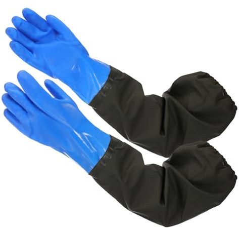 sourcing map Long Waterproof Gloves 28 Inch Elastic Cuff Rubber Chemical Resistant Gloves with Fleece Lined Pond Glove Acid Oil Resistant Glove for Machinery, Blue-Black