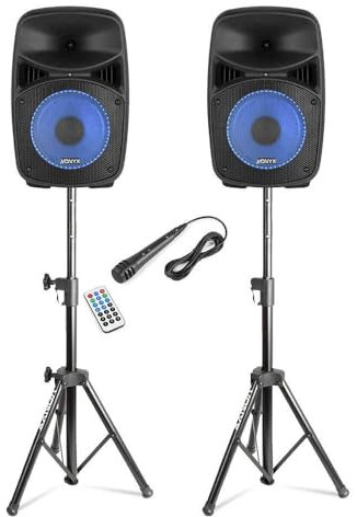 Altavoces Disco 8 400W Bluetooth LED – Juego con Altavoz Activo y pasivo, micrófono de Mano, Soportes Ajustables 1.5m, USB SD y Control Remoto – Set Completo para Fiestas y Karaoke