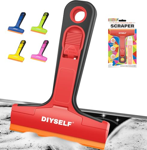DIYSELF Kunststoffschaber mit 5 Plastikklingen, Aufkleber Entferner, Rot | Kunststoffspachtel, Klebereste Entferner und Etikettenentferner mit Schieberegler für Glas, Fliesen, Auto, Fenster und Folie
