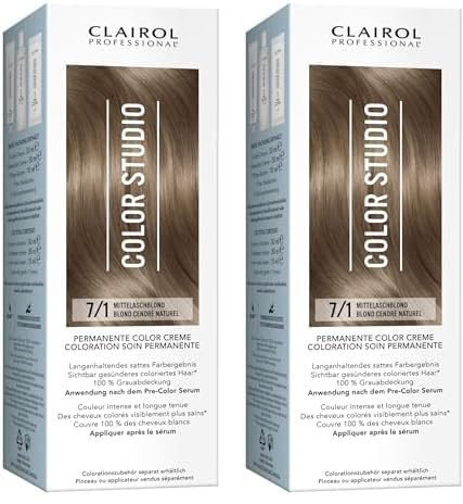 Clairol Professional Color Studio Permanente Haarfarbe Mittelaschblond 7/1 (110 ml) – mit Metal-Purifier für 6 x weniger Haarbruch, 10 Wochen sattes Farbergebnis & 100% Grauabdeckung – inkl. Haarkur