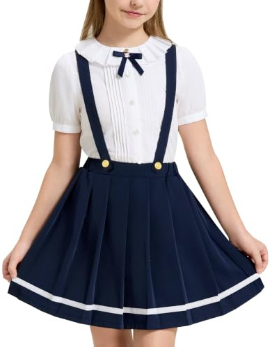 LOLANTA Gonne a Pieghe per la Scuola per Bambine con Bretelle Rimovibili, Elastico in Vita, Tasche, Pantaloncini integrati, 7-13 Anni
