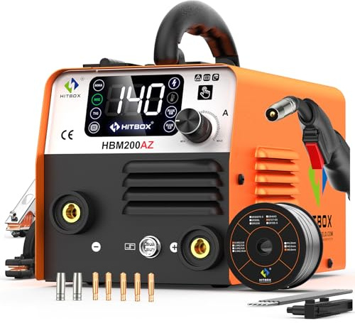 HITBOX Soldadora MIG 140A 230V 4 en 1 Portátil Sin Gas con Inversor IGBT, Pantalla LED y Hilo 0,8 mm, Compatible con Lift TIG y ARC, Ideal para Acero al Carbono y Bricolaje(HBM200AZ)