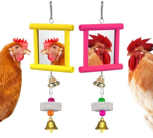 2Pcs Chicken Toys For Hens,Chicken Coop Accessories Chicken Swing Mirror,Bird Mirror For Coop Accessories,Red and Yellow Design for Pecking Entertainment And Boredom Relief