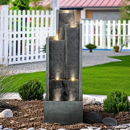 Fontana da Giardino con Parete d'acqua, 128 cm hoher Cascata da interno ed esterno, con suoni d'acqua rilassanti e luce LED calda, Fontana per la decorazione di Patii, Cortili e Ponti