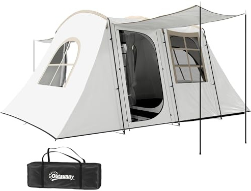 Outsunny 4 Man Tunnel Tent, Family Camping Tent with Porch, Bedroom and Living Area, Sewn in Groundsheet, 3000mm Waterproof, Portable with Bag for Festival, Hiking, Backpacking (Khaki)