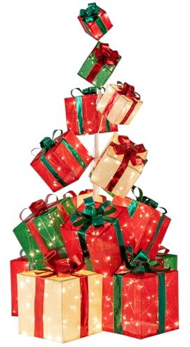 FANTASK 15er Set LED Geschenkboxen, Stapelbare & verteilbare Weihnacht Dekoboxen, große beleuchtete Weihnachtenbox mit 450 warmweißen Lichtern, Metallsockel, 170 cm Weihnachtsdeko für außen und innen