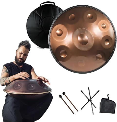 Music Handpan 22 In, 440Hz Classic G Minor 9/10/12 Notes handpan drums, Steel Adult's Hand Pan with Storage Bag, Mallet, Braid, Stand for Children, Adults(Gold,9 Notes)