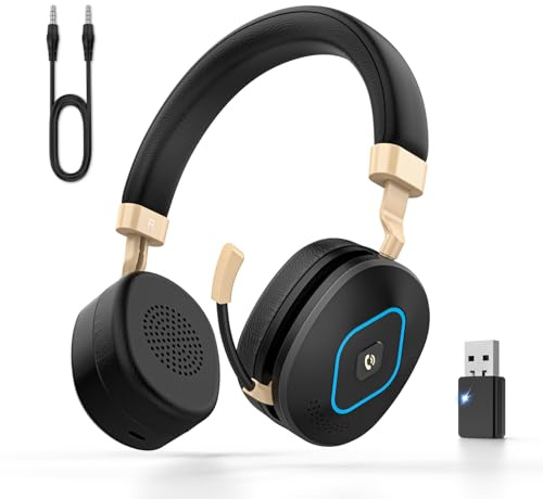 Kabelloses Headset, Headset mit Mikrofon Bluetooth, Hybridmodus (kabellos/kabelgebunden), Doppelte KI-Geräuschunterdrückung, ausziehbarer Boomarm, USB-Dongle & Stummschaltung für Büro/PC/Smartphones
