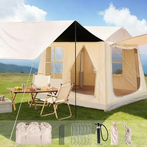 Aufblasbares Campingzelt für 2-8 Personen - 4-Jahreszeiten-Zelt aus wasserdichtem Oxford-Gewebe mit Luftpumpe, schnell aufbaubarer Unterschlupf