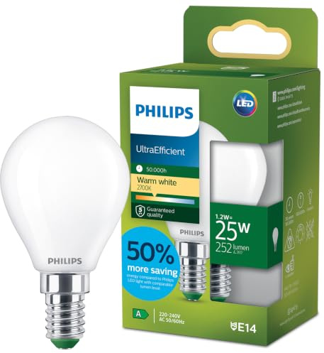 Philips LED UltraEfficient Frosted P45 Bulb, E14 Small Edison Screw, Energy Class A, 252 lm, 25W Equivalent, Warm White (2700K), EyeComfort, 50,000 Hours, 1 Pack