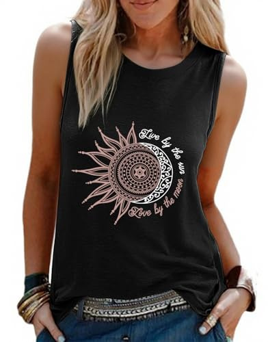 heekpek Camiseta Sin Mangas Mujer Estampada Camisetas Tirantes Casual Cuello Redondo Basica Tops Verano, Negros Sol y Luna, S