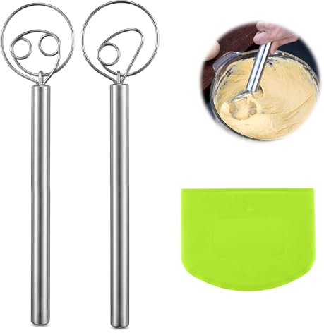 2 Pièces Fouet a Pate Danois, Outil de Fouet en Acier Inoxydable | Fouet Danois Fouet de Cuisine avec Racloir, Mélangeur Manuel pour la Pâte pour Pain, Pizza, Gâteaux et Pâtisserie