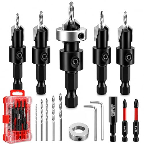 Lytool 17Pcs Wood Countersink Drill Bit Set with Adjustable Depth Stop