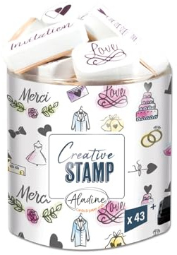 Aladine – 43 Tampons Mariage avec Encreur Noir – Pour Personnaliser Faire-Parts, Invitations, Livre d'Or – Scrapbooking, Bullet Journal, Loisirs Créatifs – Amour, Wedding – Creative Stamp