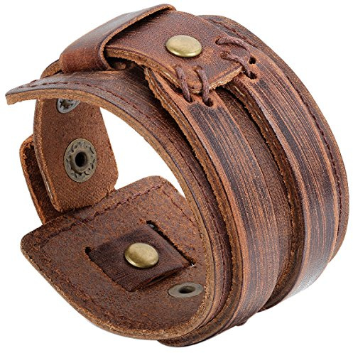 JewelryWe Schmuck Herren Breit Lederarmband, Punk Druckknopf geflochten Leder Armband Wickelarmband Armreif Manschette, verstellbare Größe, Schwarz/Braun