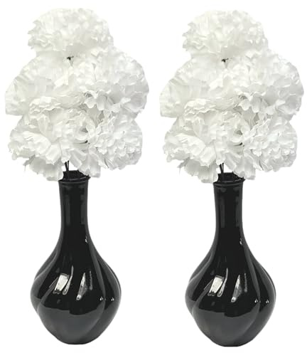 Room Decor Black and White Artificial Flowers in Vase Ornaments, Matching Pair