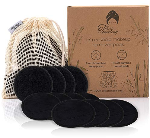 Terri Towelling Reusable Make Up Remover Pads, 12 Bamboo Cotton Pads, Laundry Bag, Eco-Friendly Zero Waste, Washable, Black, Stain-Resistant