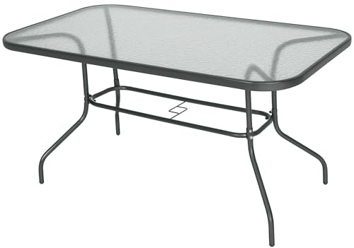 Outsunny Mesa de Jardín Exterior Rectangular de Metal Bordes Curvos con Orificio para Sombrilla Capacidad 70kg Vidrio Templado 140x80x70 cm Gris Carbón