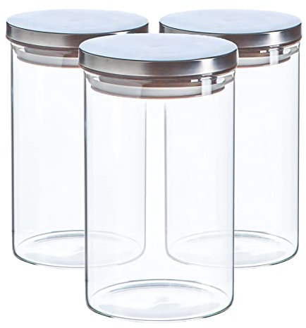Argon Tableware Scandi Storage Jars with Metallic Silver Lids - 1000ml - 3 Pack - Modern Round Organisation Container Glass Jar for Kitchens, Pantry, Bathrooms, Utility Rooms