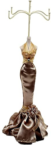 Porte Bijoux Mannequin décoratif Vintage Original Présentoir Pour Colliers, Boucles D'oreilles, Pendentif Bracelets Fantaisie ou décorative Bois et Tissu Crochet en Métal H.39cm env. Coloris Crème